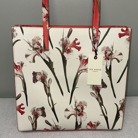 TED BAKER Coral Ivory Green Floral Faux Leather The Icon Tote - Picture 4 of 12